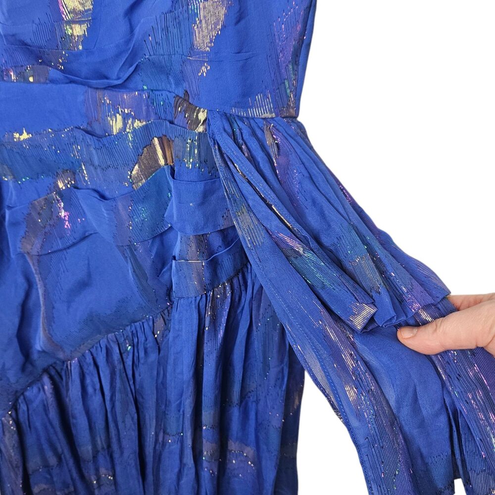 SHOSHANNA Midnight Neva Dress 10 Blue Metallic Ruffled Righteous Gemstones ASOTV - Picture 6 of 11